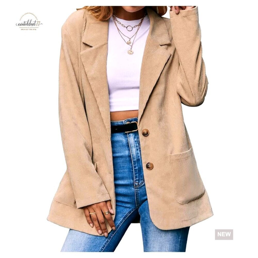 Corduroy Blazer Lapel Jacket Long Sleeve Button Down Pockets Work Casual